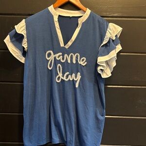 Blue and White Ruffle Sleeve 'Game Day' T-Shirt